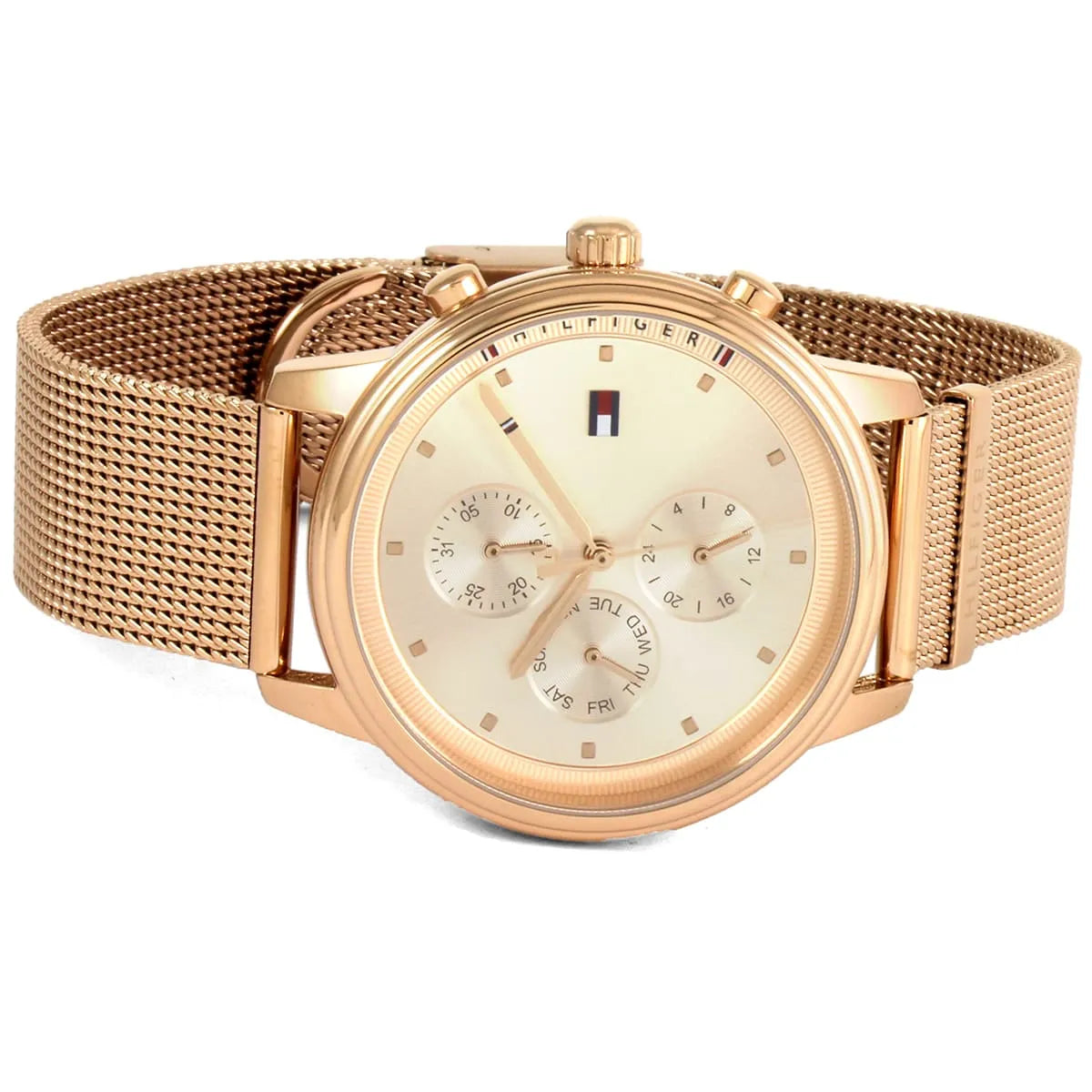 Tommy Hilfiger Blake chronograph watch with rose gold case, cream dial, and mesh bracelet strap