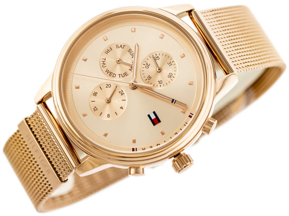 Tommy Hilfiger Blake watch worn on wrist showing full rose gold mesh band and chronograph dial