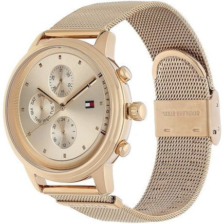 Tommy Hilfiger Blake watch at angle displaying rose gold mesh bracelet and case with cream dial