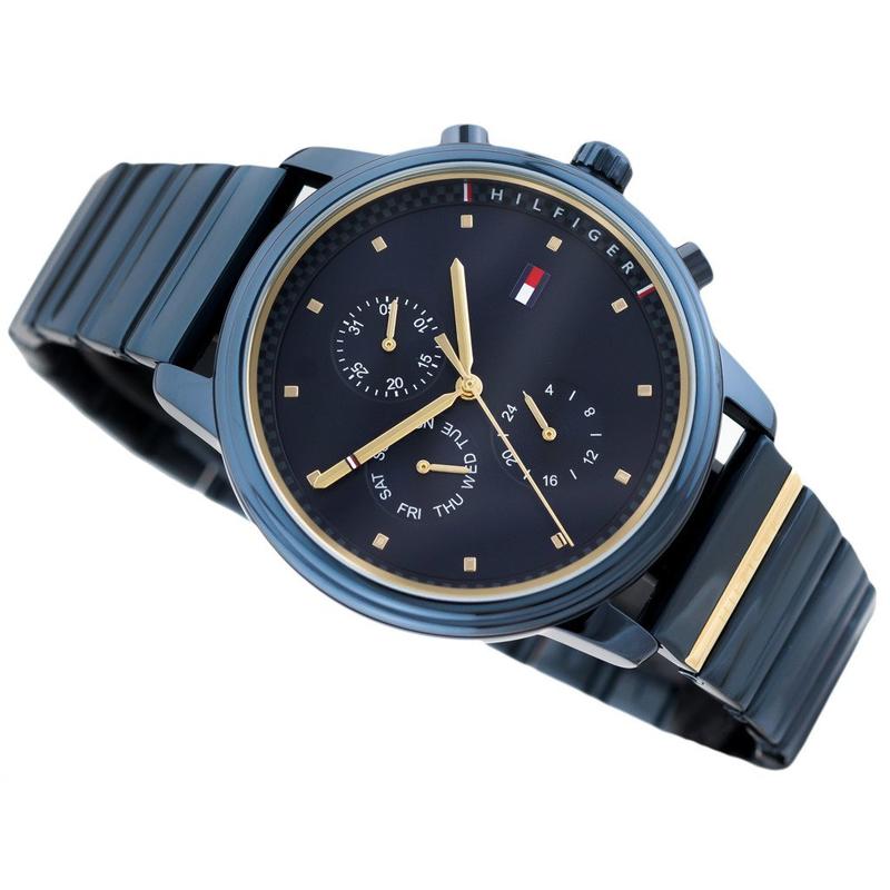 Tommy Hilfiger Blake chronograph watch angled view showing blue dial with subdials and blue strap