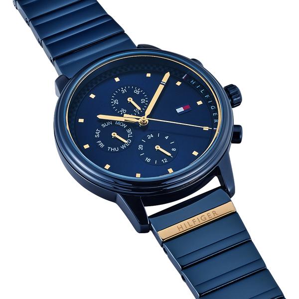 Tommy Hilfiger Blake ladies watch side profile showing blue metal bracelet and chronograph pushers