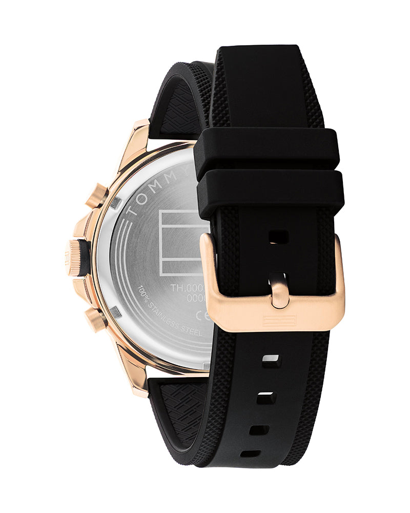 Tommy Hilfiger Blaze watch caseback and strap detail with rose gold buckle