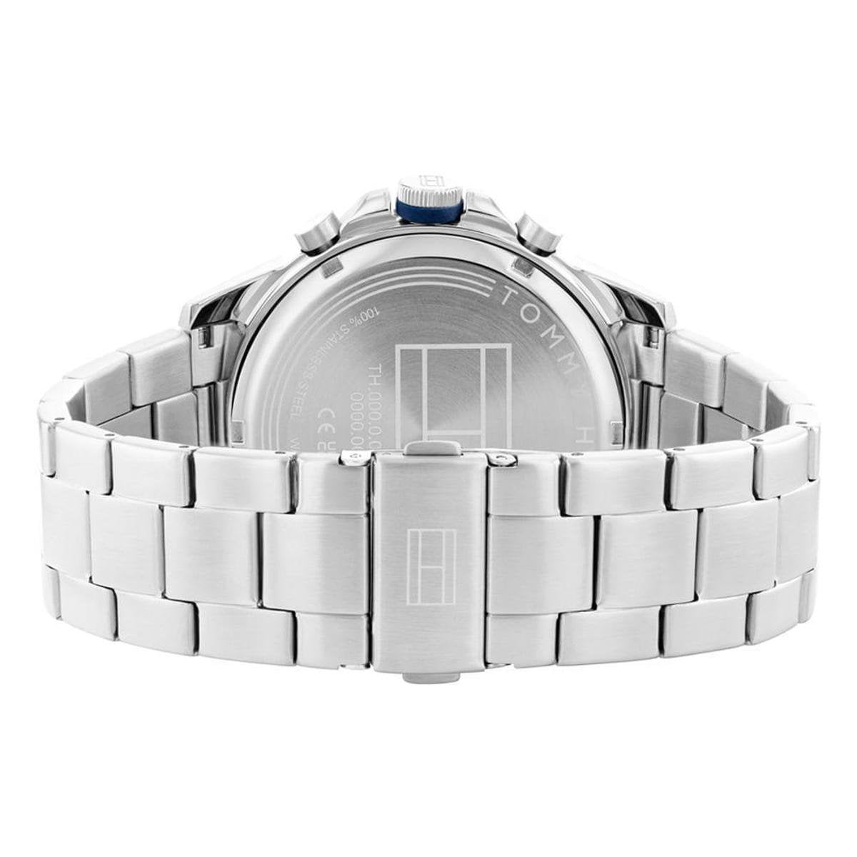 Caseback view of Tommy Hilfiger Blaze watch showing silver steel bracelet