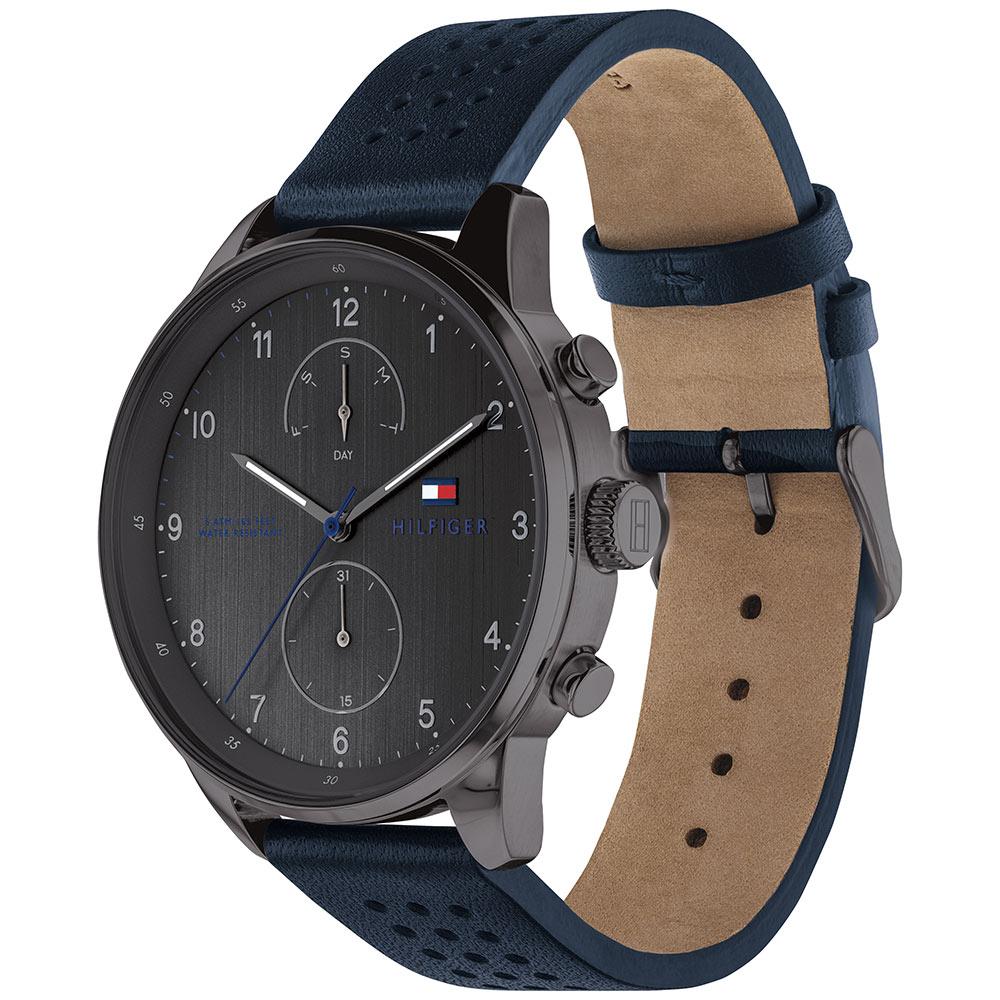 Side view showing blue leather strap with tan interior and gunmetal case
