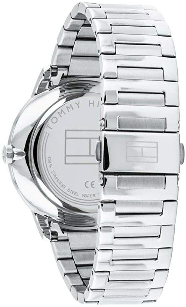 Side view of Tommy Hilfiger Brad watch showing stainless steel link bracelet and caseback
