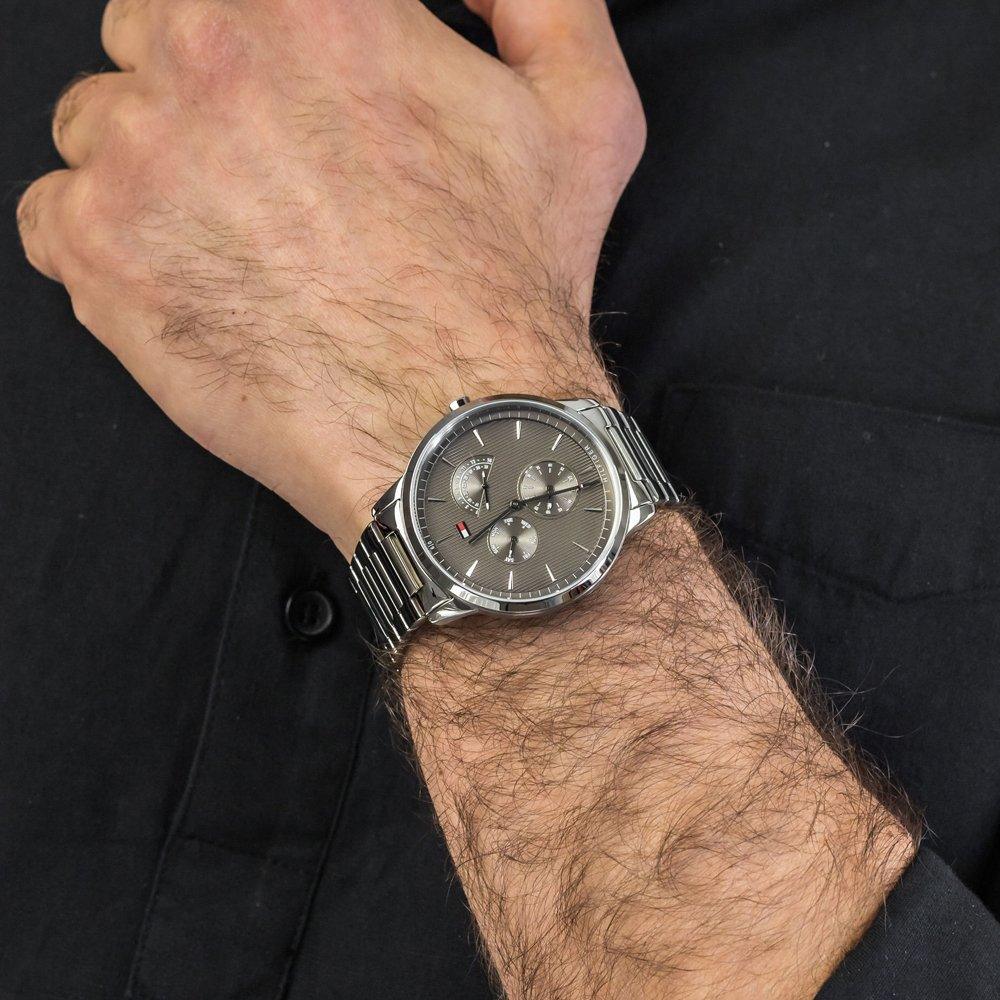 Tommy Hilfiger Brad watch worn on wrist with grey dial and multi-function subdials