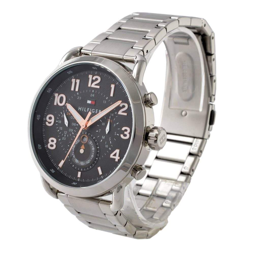 Tommy Hilfiger Briggs chronograph watch displayed at side angle with stainless steel bracelet
