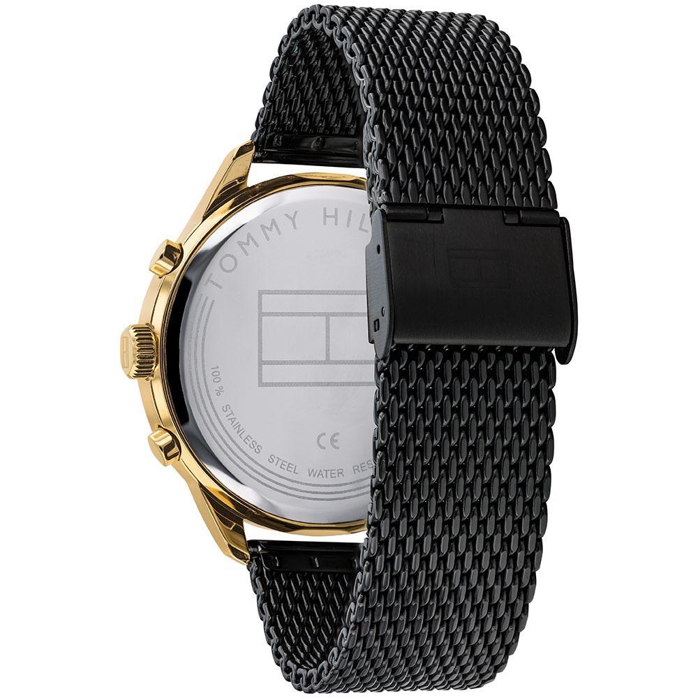 Tommy Hilfiger watch caseback showing stainless steel with brand name and specifications