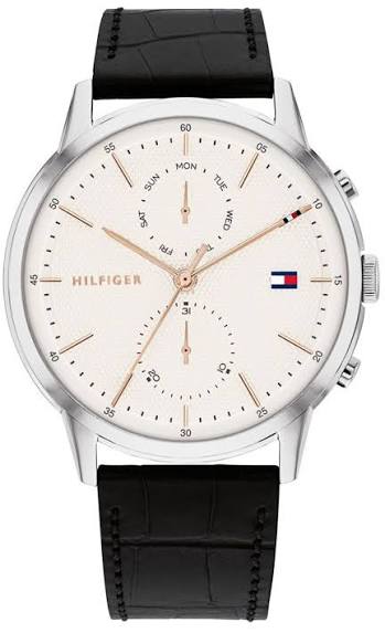 Tommy Hilfiger Chase analog men's watch with white dial, rose gold hands, chronograph subdials, and black leather strap