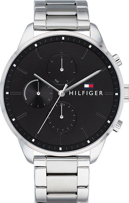 Tommy Hilfiger Chase quartz watch with black dial and silver steel bracelet front view