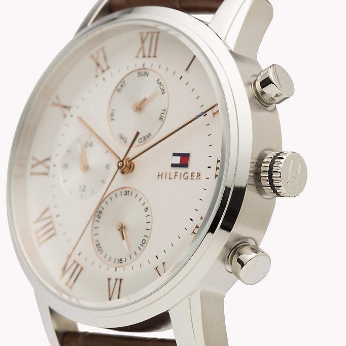 Detailed view of chronograph dial with rose gold accents and pushers