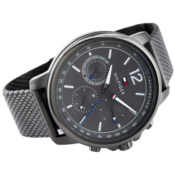 Side angle view of Tommy Hilfiger chronograph watch with tachymeter bezel