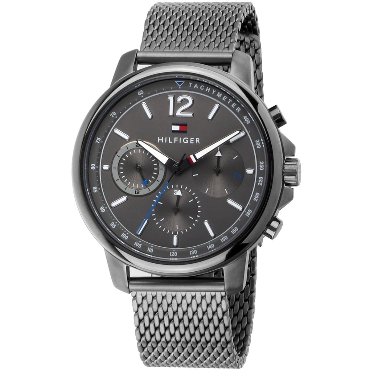 Tommy Hilfiger chronograph watch with grey dial and stainless steel mesh strap