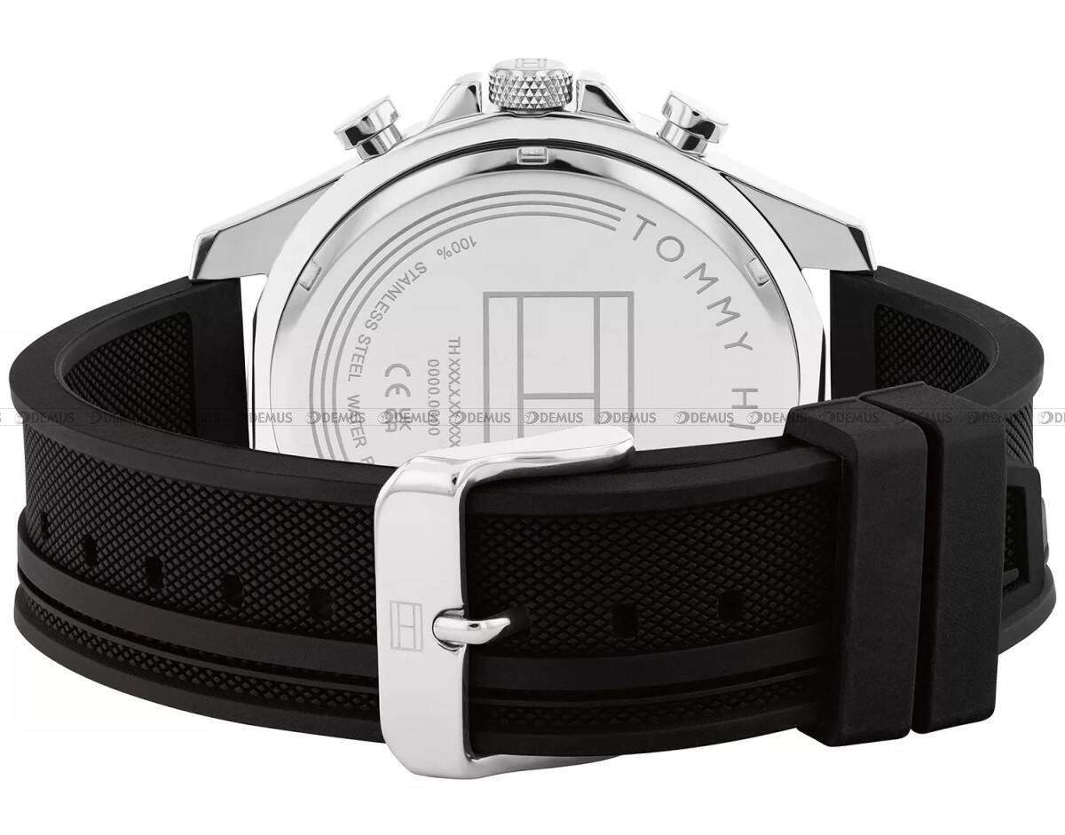 Tommy Hilfiger Clark watch caseback showing silver case with regulation text and black strap