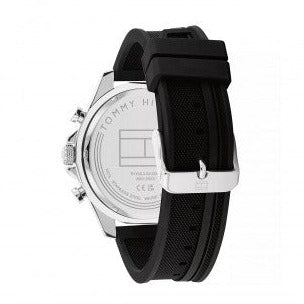Side view of Tommy Hilfiger Clark watch showing silver case profile with black rubber strap