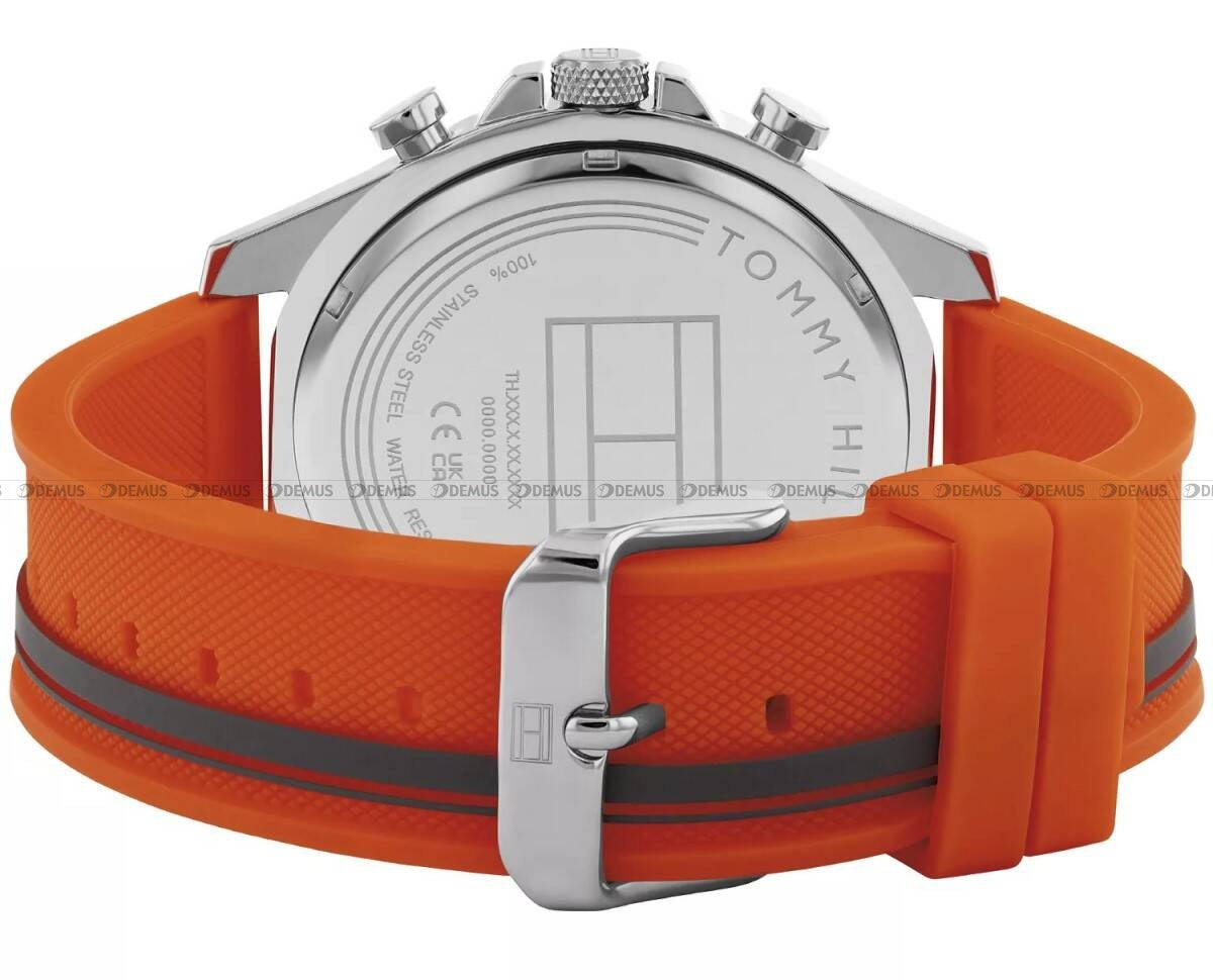 Tommy Hilfiger Clark watch caseback showing engraved details with orange strap