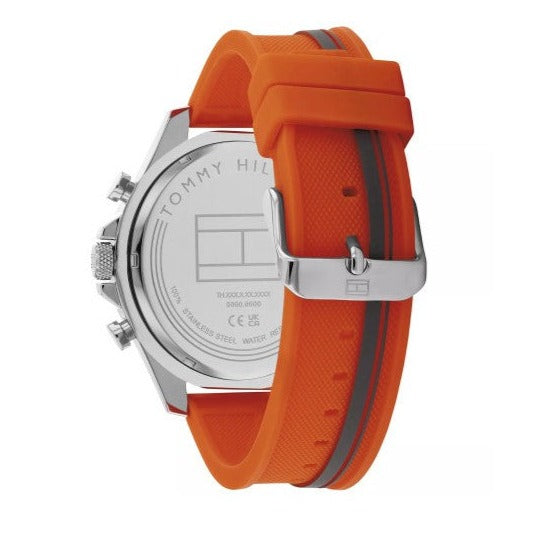 Tommy Hilfiger Clark orange rubber strap with gray stripe and stainless steel hardware detail