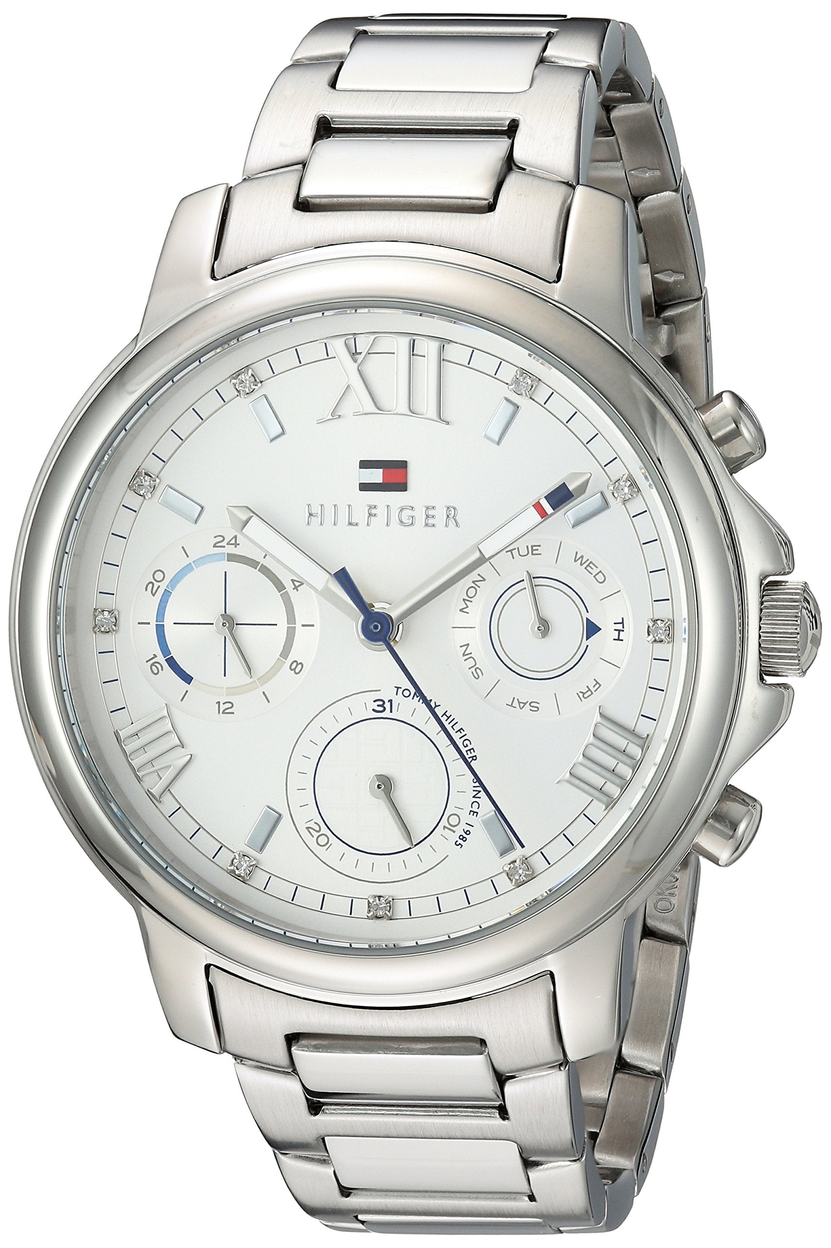 Tommy Hilfiger Claudia chronograph watch angled view showing silver steel bracelet