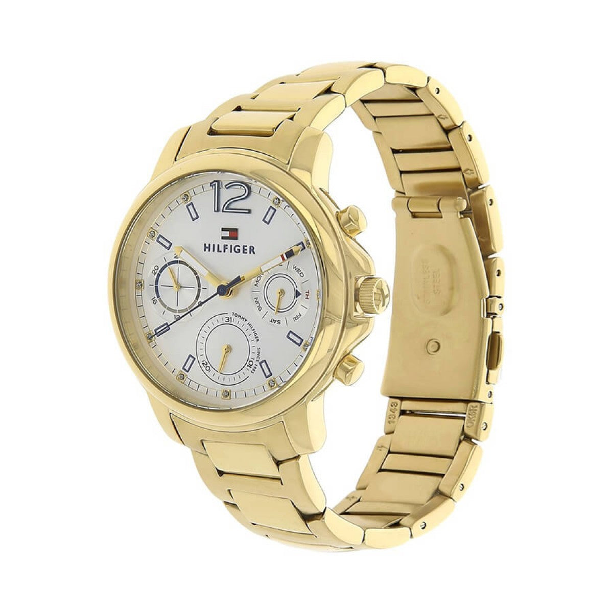 Tommy Hilfiger Claudia gold bracelet watch side view showing chronograph subdials and bracelet detail