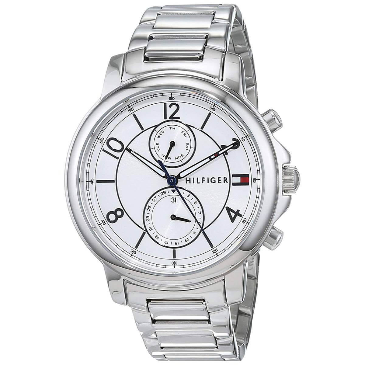 Tommy Hilfiger Claudia women's watch angled view showing white dial and steel bracelet