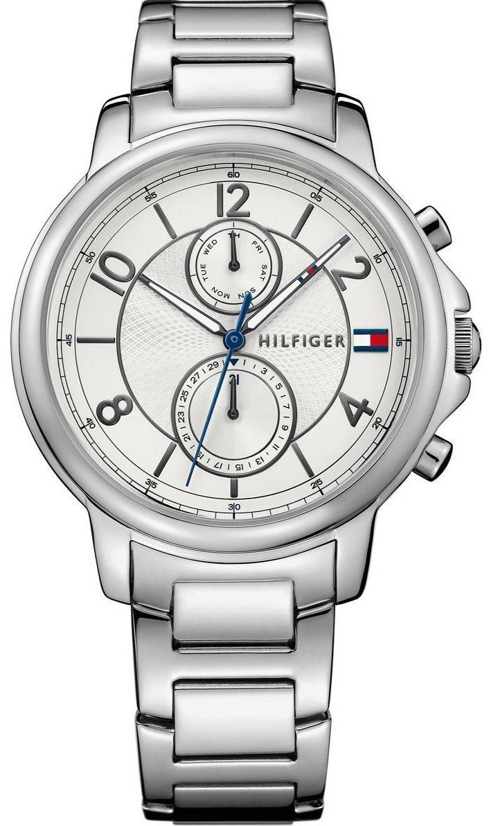 Tommy Hilfiger Claudia white dial chronograph watch with silver steel bracelet strap