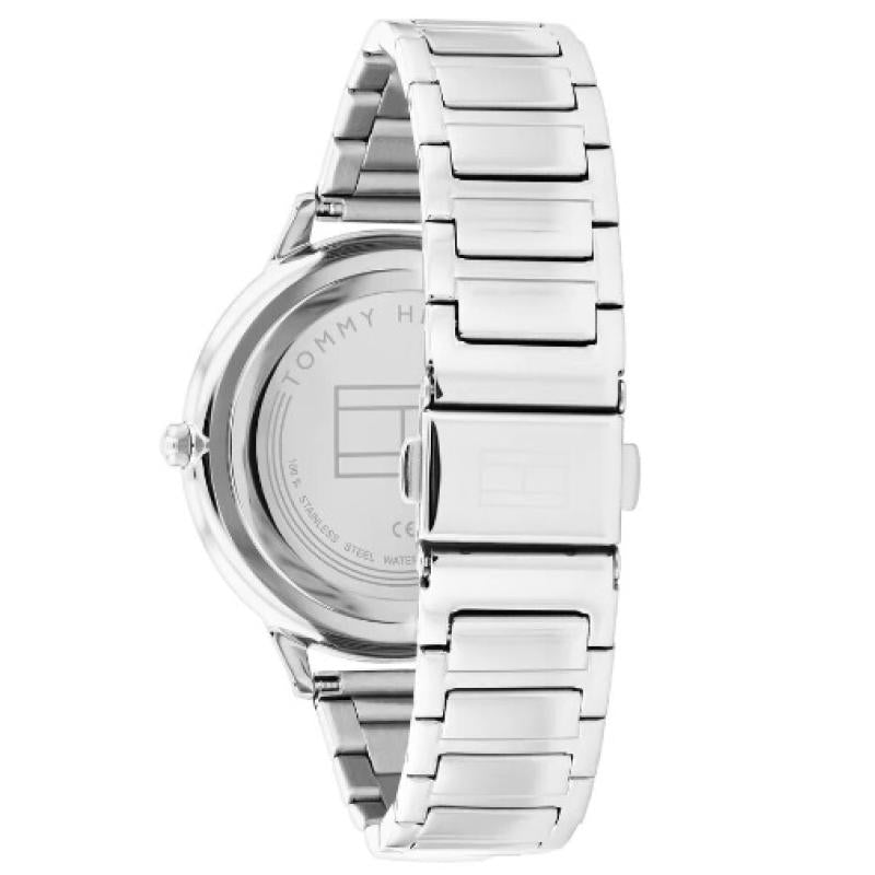 Side profile of Tommy Hilfiger Claudia watch with silver steel bracelet strap