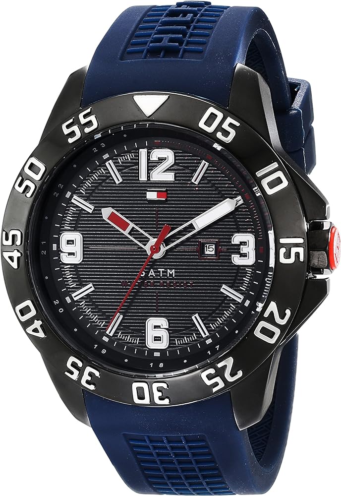 Tommy Hilfiger Cole men's watch angled view showing blue rubber strap