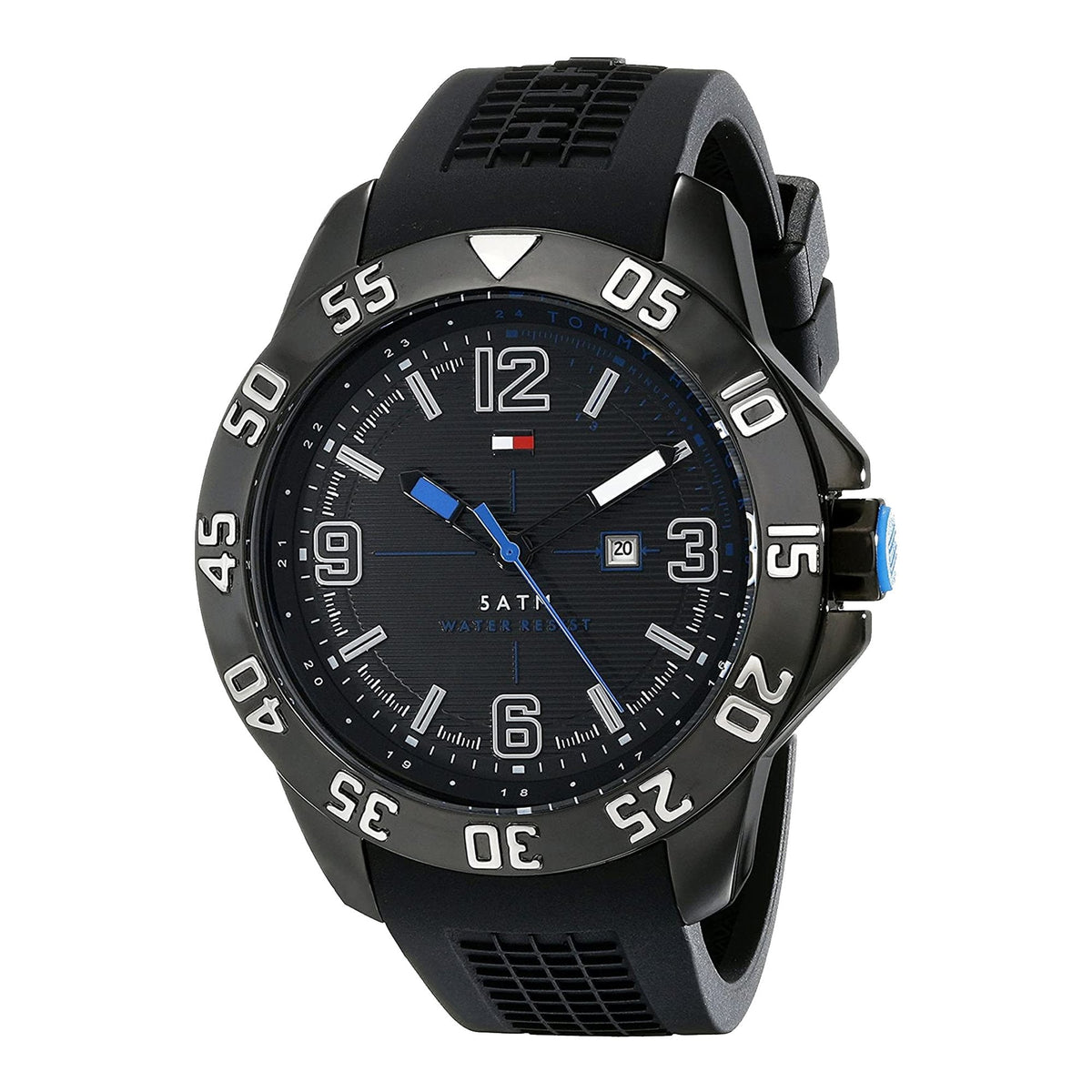 Tommy Hilfiger Cole watch angled view showing black case, bezel, and rubber strap