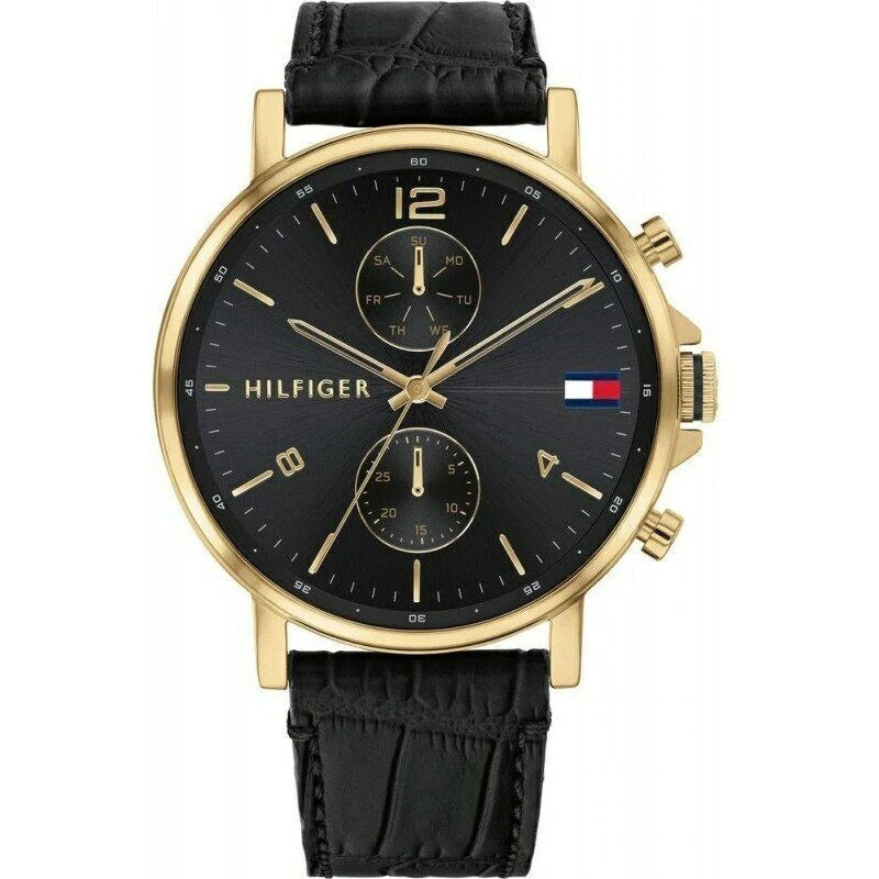 Tommy Hilfiger Daniel 1710417 men's watch front view showing black dial with golden indices