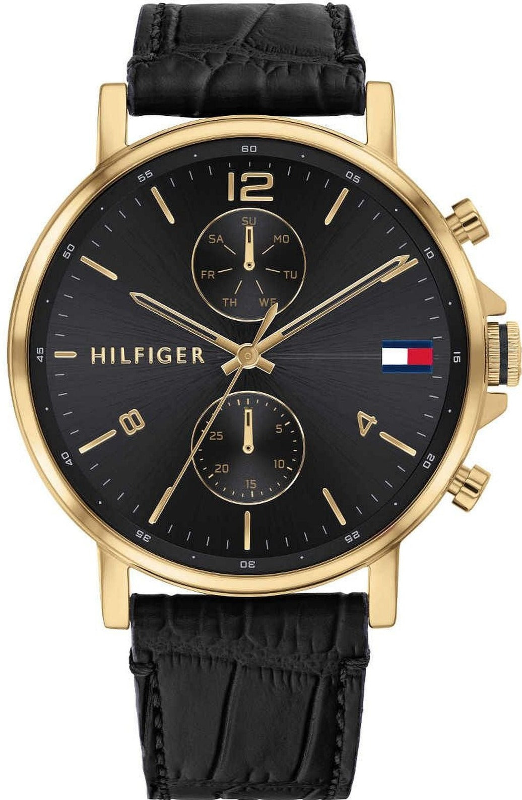Tommy Hilfiger Daniel 1710417 watch with black dial, gold-tone case, chronograph subdials, and black leather strap