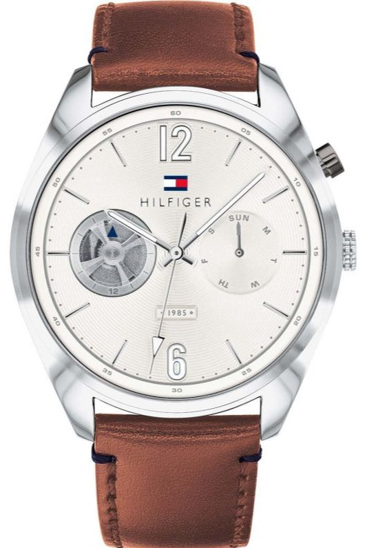 Tommy Hilfiger Deacon white dial watch with brown leather strap and open heart window