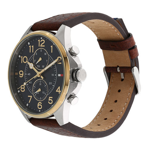 Tommy Hilfiger Dean watch displayed on brown leather strap showing chronograph pushers and dial detail