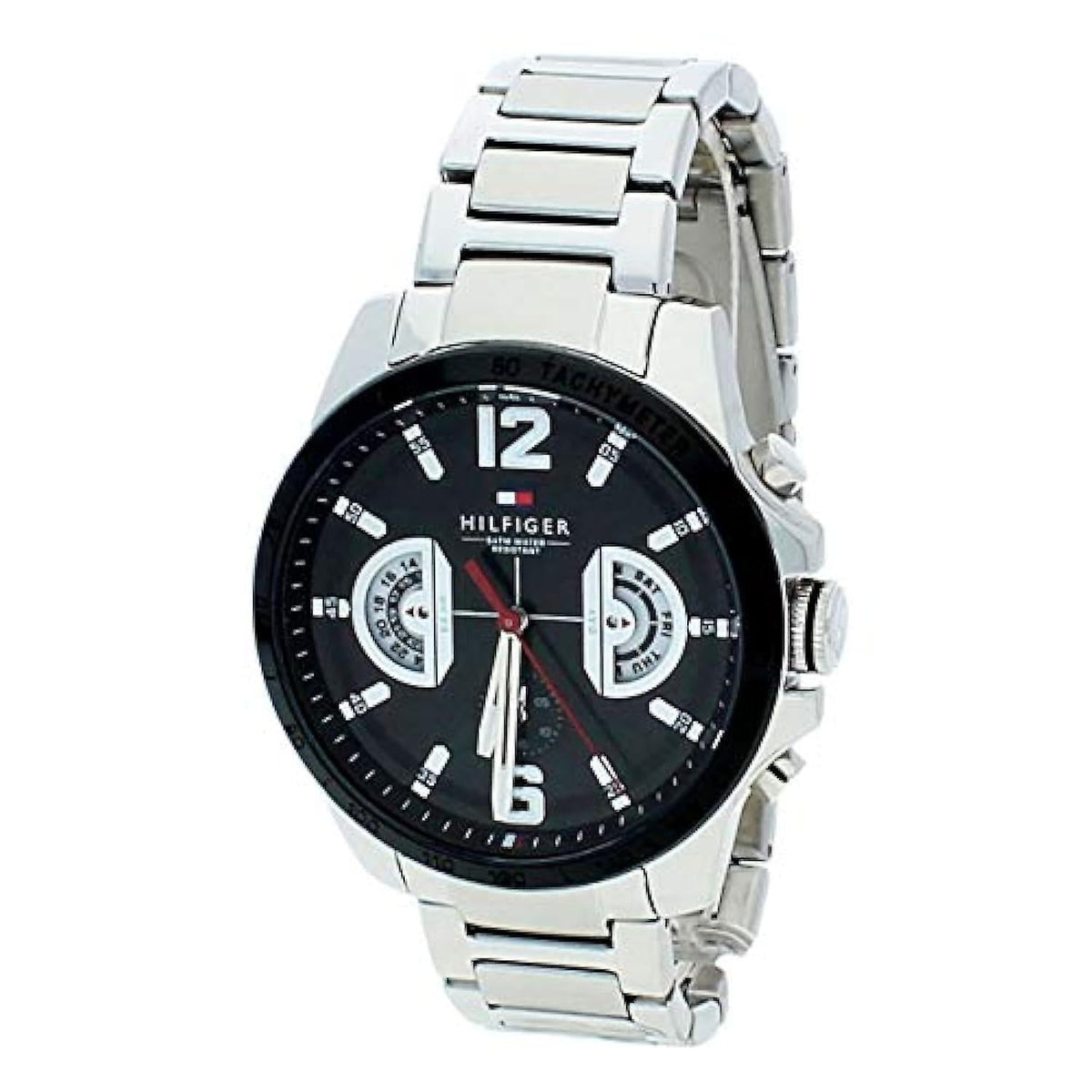 Tommy Hilfiger Decker chronograph watch angled view with silver steel band