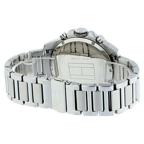 Tommy Hilfiger Decker watch caseback showing quartz movement and silver steel bracelet