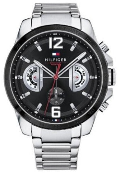 Tommy Hilfiger Decker watch with black dial, silver steel bracelet, and chronograph subdials