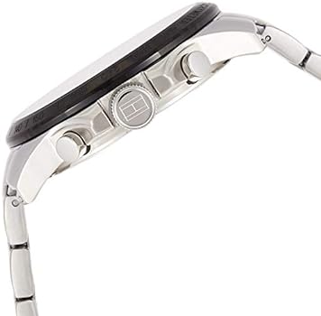 Tommy Hilfiger Decker watch side view detail of pushers and silver steel band