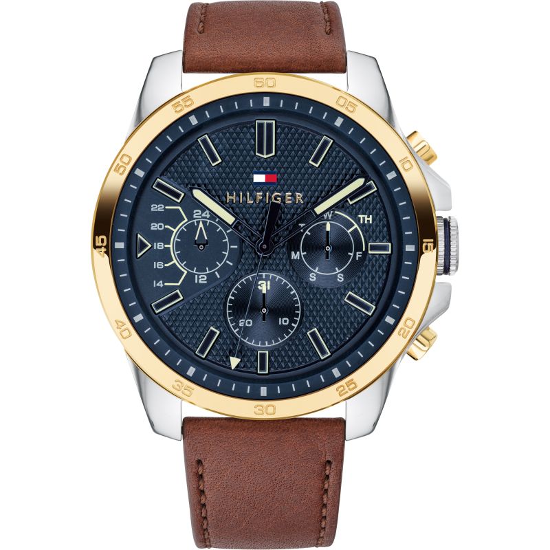Tommy Hilfiger Decker chronograph watch with blue dial, two-tone case, and brown leather strap