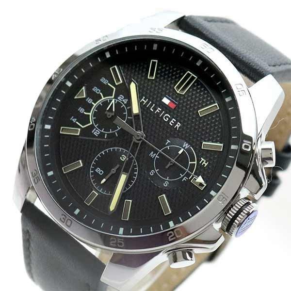 Tommy Hilfiger Decker chronograph with white hour markers, black dial, and multiple subdials