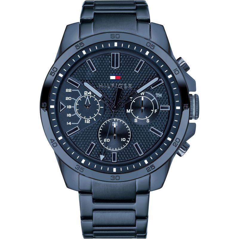 Tommy Hilfiger Decker chronograph watch with blue dial and three subdials, blue steel case and bracelet