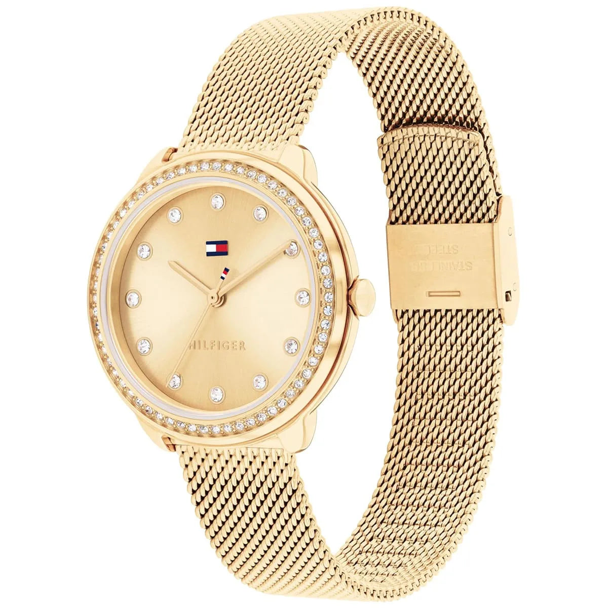 Tommy Hilfiger Demi watch angled view showing gold mesh bracelet and crystal bezel detail