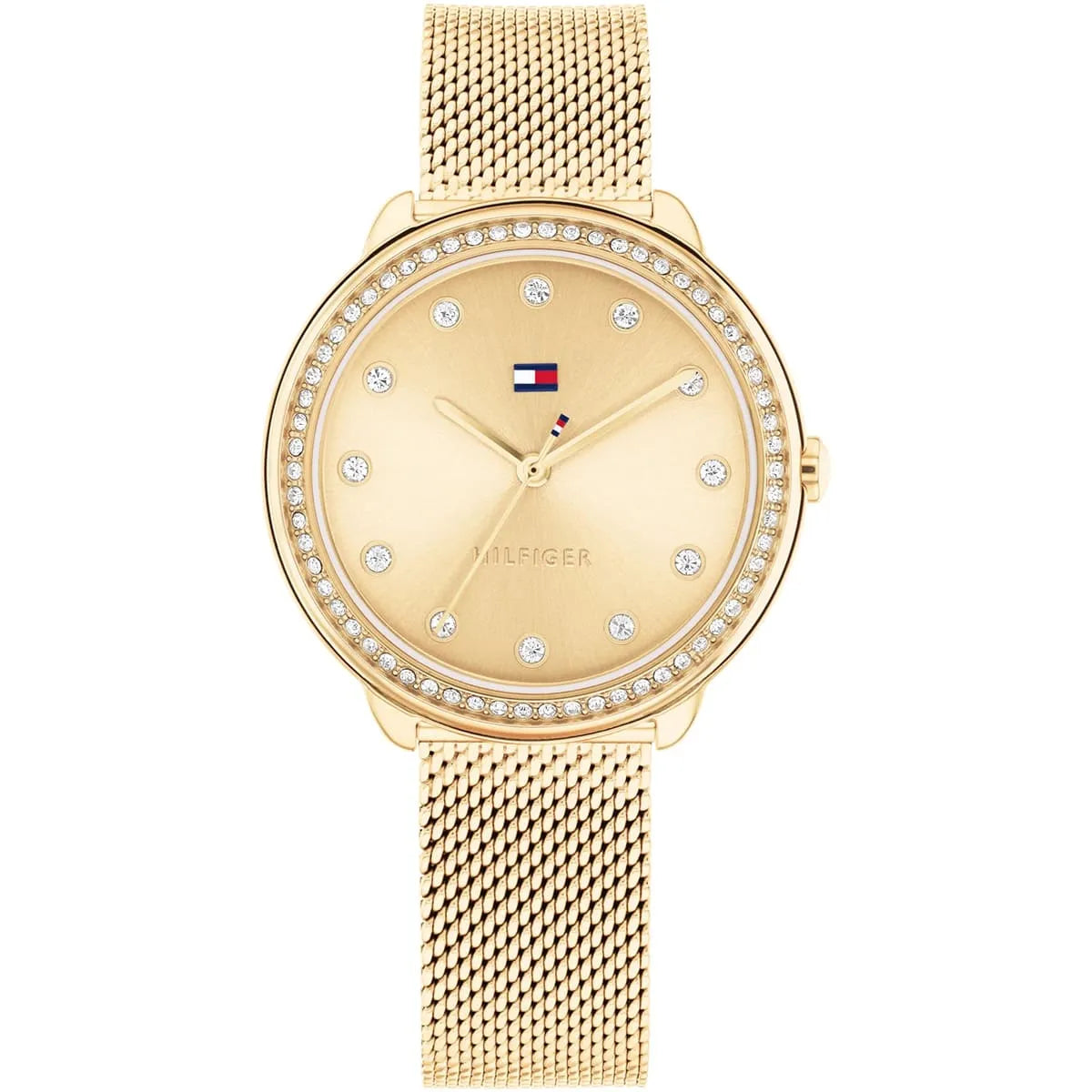Tommy Hilfiger Demi 32mm women's watch with gold dial, crystal-set bezel, and gold mesh bracelet