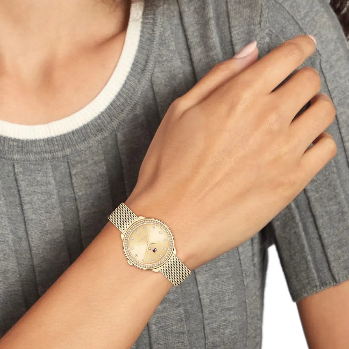 Tommy Hilfiger Demi women's watch worn showing elegant gold-tone mesh design