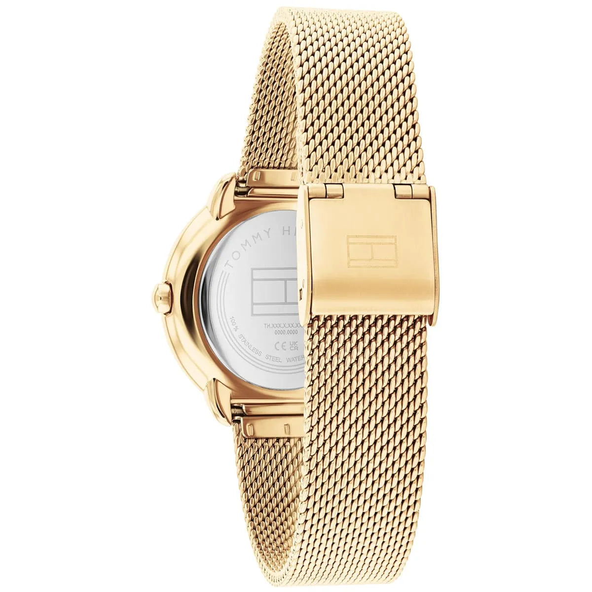 Side view of Tommy Hilfiger Demi watch showing gold mesh strap and case profile