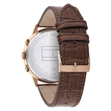 Tommy Hilfiger Easton watch caseback showing brown leather strap with rose gold buckle
