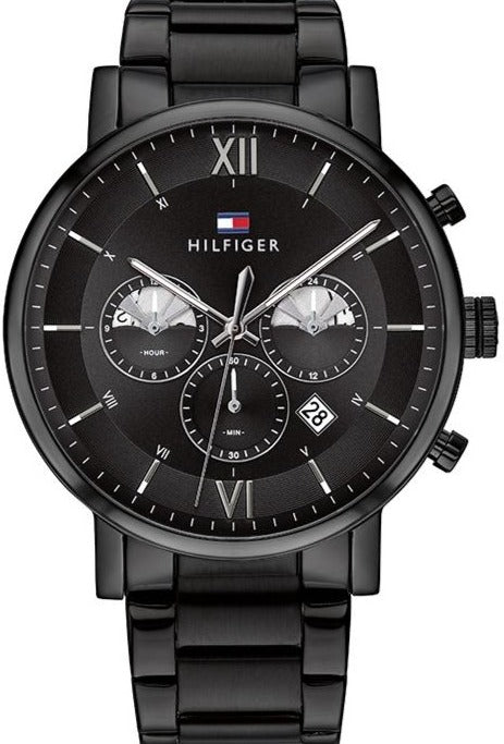 Tommy Hilfiger EVAN black chronograph watch with Roman numeral dial and steel bracelet
