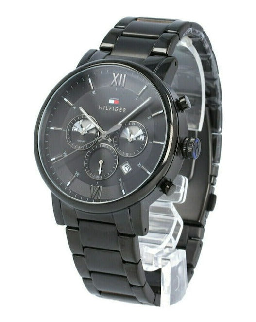 Tommy Hilfiger EVAN black chronograph watch worn on wrist side profile