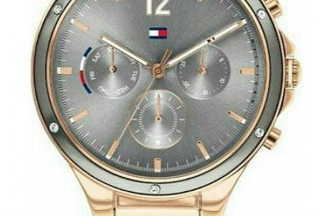 Front view of Tommy Hilfiger Eve chronograph with grey dial and three subdials