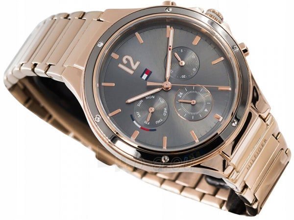 Angled on-wrist photo displaying rose gold-tone Eve watch with grey chronograph dial