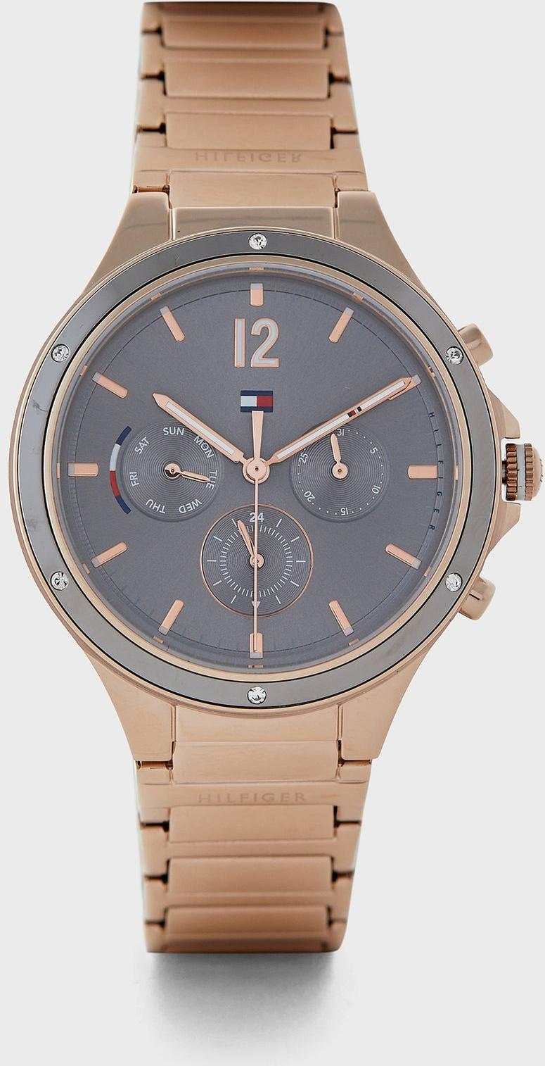 Tommy Hilfiger Eve watch worn on wrist, showing grey dial and rose gold-tone design