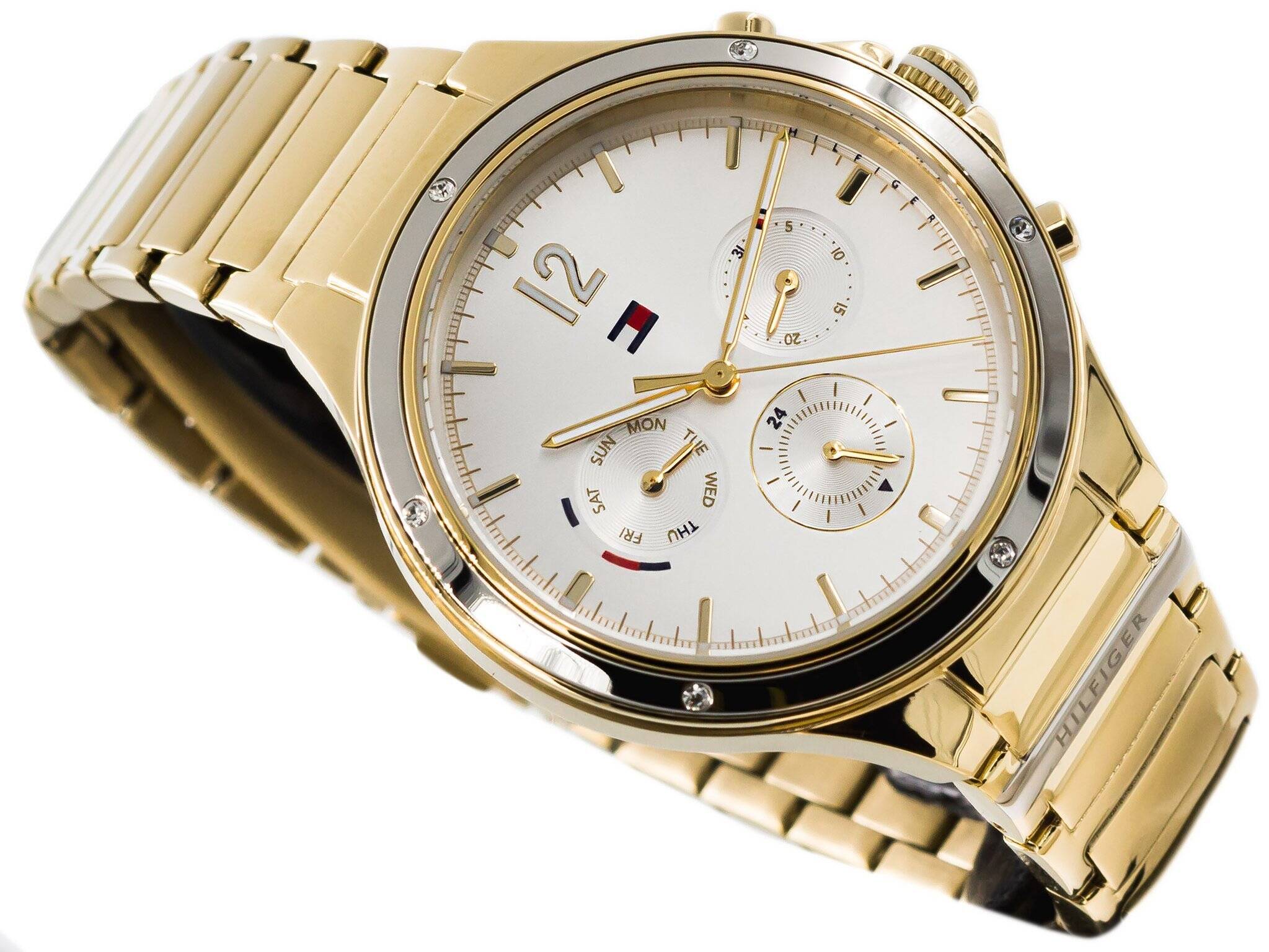 Three-quarter view of Tommy Hilfiger Eve gold women's watch with multi-dial chronograph face